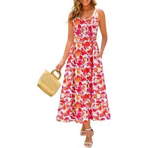 Women's Orange Red Spring Adjustable Spaghetti Strap Floral Beach Long Maxi